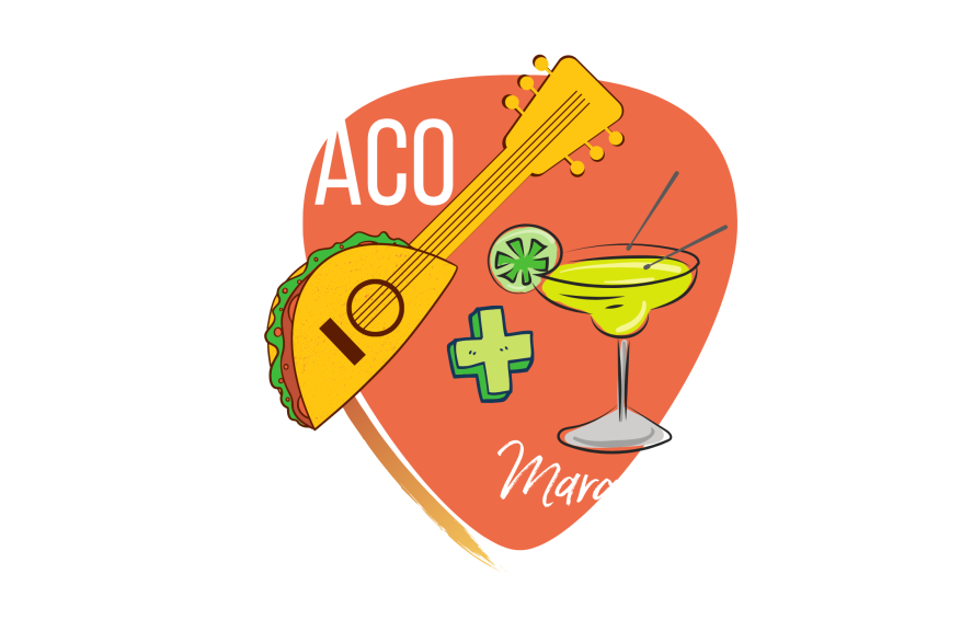 Orange guitar pick shape with words "Taco + Margarita Trail" in white. On top is a guitar with a base of a taco and a margarita with drum sticks.