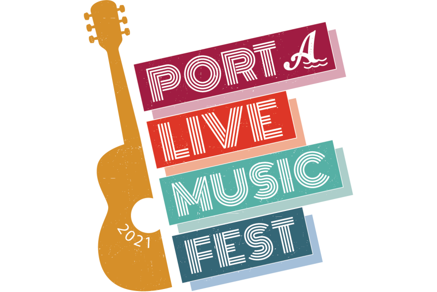 A logo that is half a guitar in yellow on the left and on the right are four lines of text. "Port A" is at the top in maroon, then "Live" in orange, "Music" in a light teal, and "Fest" in a darker teal.
