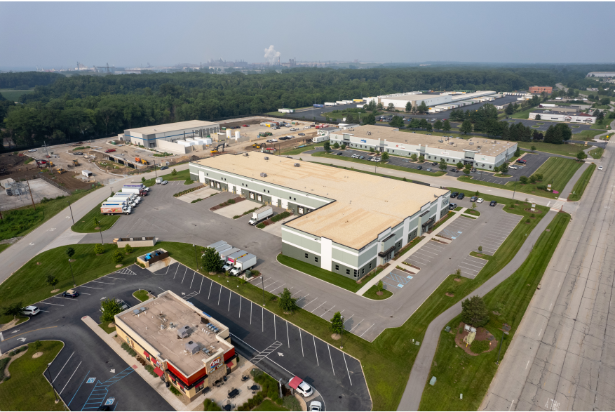 Aerial view of a large buildings and roads