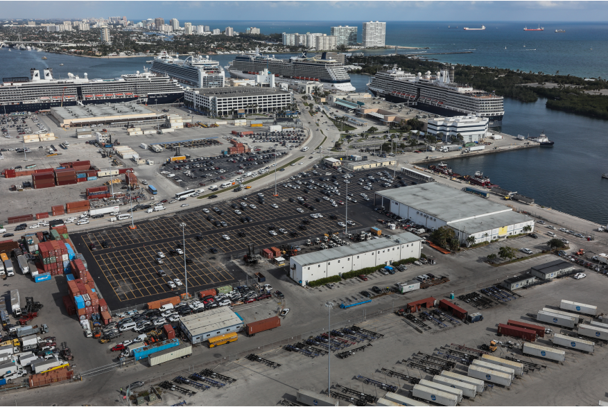 Aerial image of Horizon Terminal with imported cars parked in the lot ready for transport to dealership.