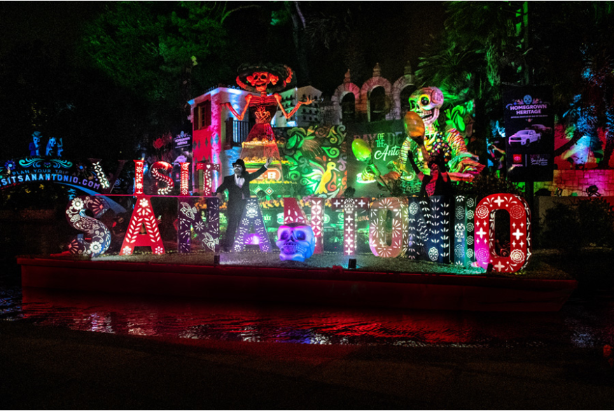 River barge decorated with Dia de los Muertos decor