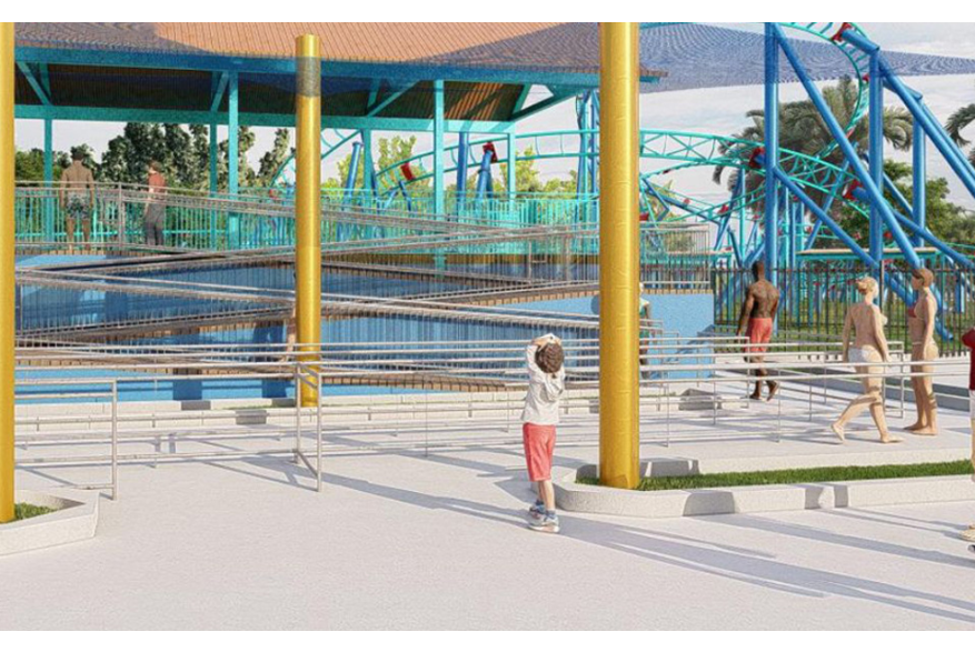 Rendering of kids in front of children's rollercoaster.