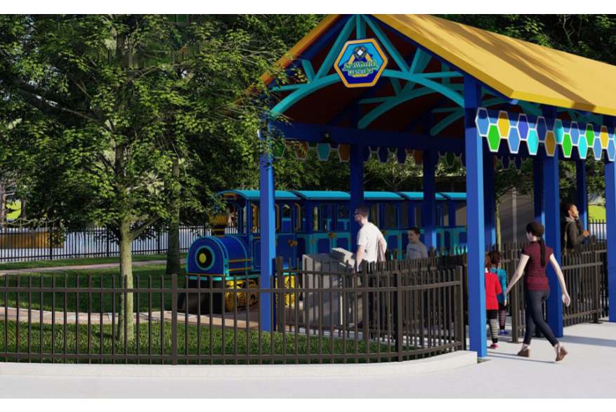 Rendering of people in front of children's train ride.