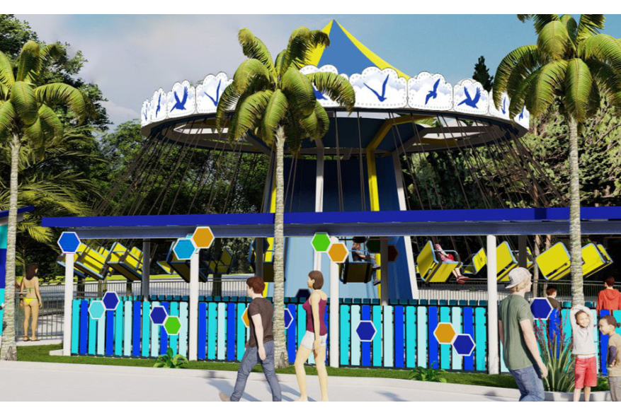 Rendering of people walking in front of swing ride and palm trees.