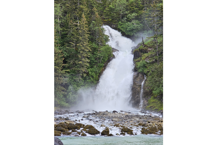 frothy white waterfall cascades through evergreen covered mountains onto the rocky seawead covered beach at low tide and into the bright green ocean