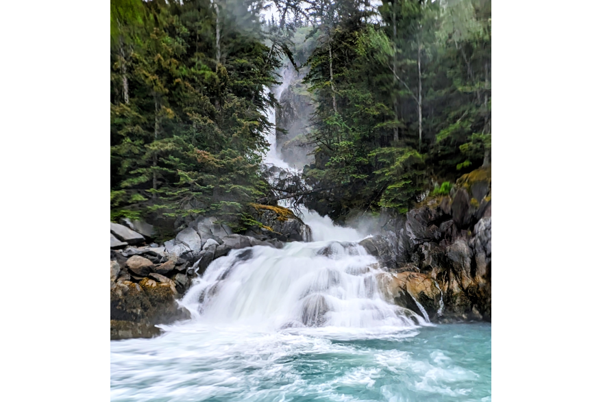 frothy white waterfall cascades through evergreen trees, over grey seaweed covered rocks and into a blue green sea as mist rises all around