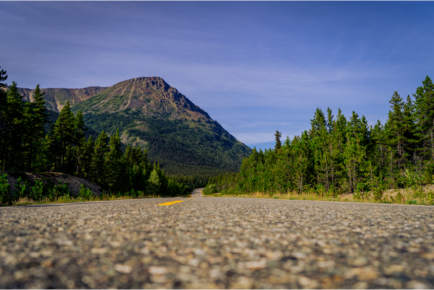 details of the multi colored stones in a chip seal highway are exposed close up with a bright yellow center line up ahead in the highway. yellow flowers line the road and then give way to massive evergreen trees on both side. In the distance off to the left, a giant mountain rises into the blue skies hazed with light steams of clouds