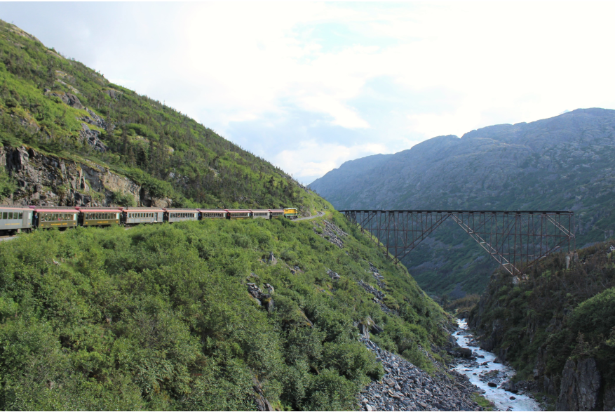 White Pass & Yukon Route Railroad and a broken bridge, August 2023