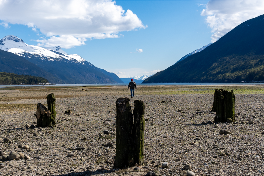 Walking the footprint of the historic wharf at Dyea to tidewater in the Lynn Canal.