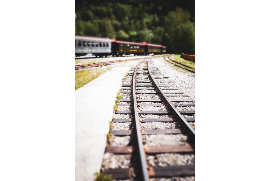 Railroad tracks with brown passenger cars blurred in the distance to the left and dark green trees blurred in the background