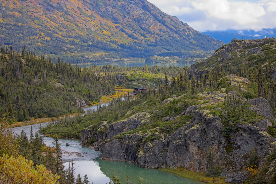 During late September, long the Klondike Highway with White Pass & Yukon train in the distance.