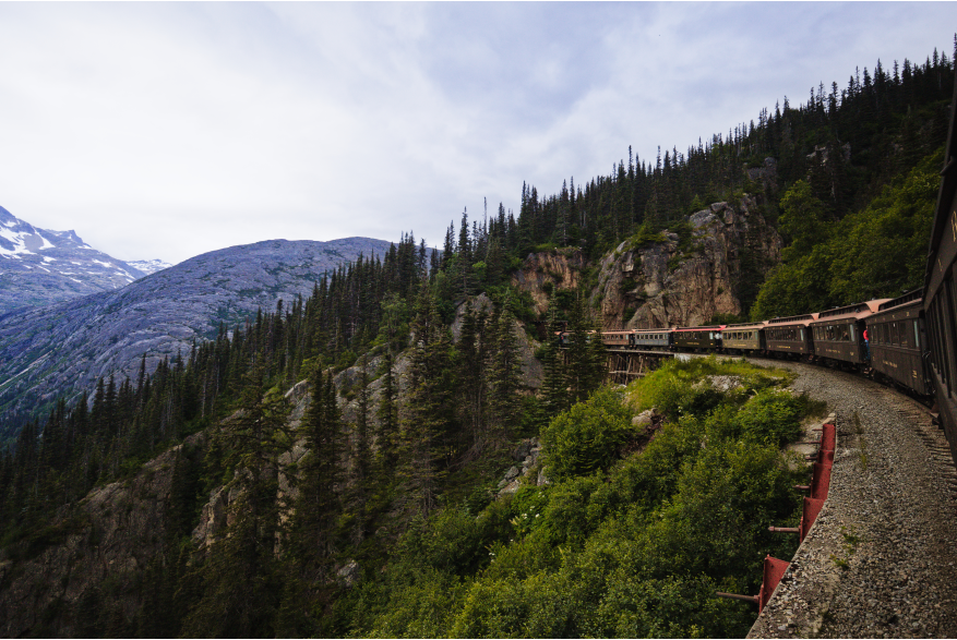 A White Pass and Yukon Route train winds along a narrow track into a tunnel near Skagway, Alaska. The train passes through evergreen trees with rugged snow-capped mountains in the background.