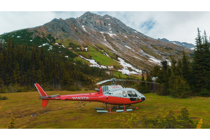 A TEMSCO helicopter hangs out at Upper Dewey Lake while waiting to pick up a group of hikers.