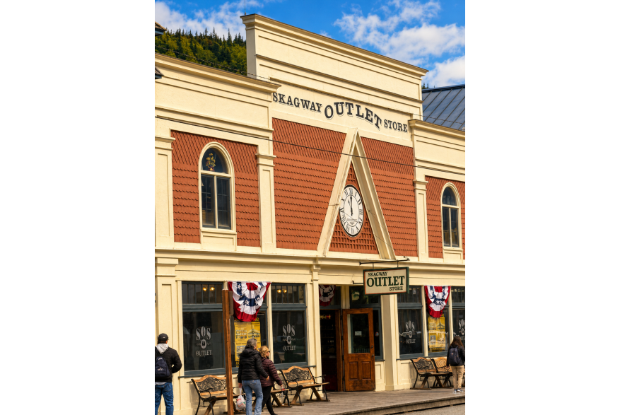 Title: Timeless Skagway Bathed in warm afternoon light, the historic Skagway Outlet Store stands as a reminder of the town’s Gold Rush heritage. The classic storefront, patriotic bunting, and iconic clock evoke a sense of nostalgia, while visitors strolling the wooden boardwalk bring the scene to life. Framed by Alaska’s evergreen mountains and blue skies, the photograph captures the enduring charm of a community where history, culture, and natural beauty come together in one unforgettable destination.