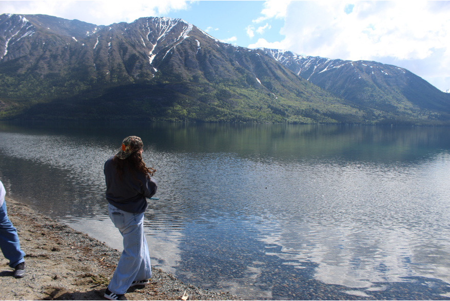 Skipping rocks at lake tutshi