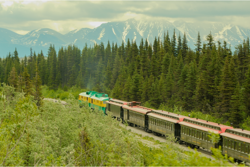 White Pass and Yukon Route railway seen from the Klondike Highway outside of Skagway