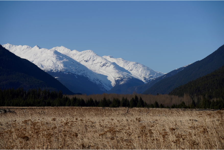 Michael Gil: Snow covered mountains rise above the open flatlands of Dyea, in the quiet of April.