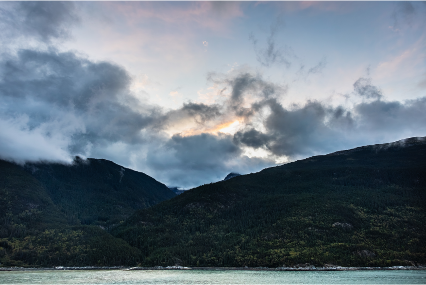 Photo captured from cruise ship balcony sailing through Lynn Canal towards Skagway cruise port on September 2026