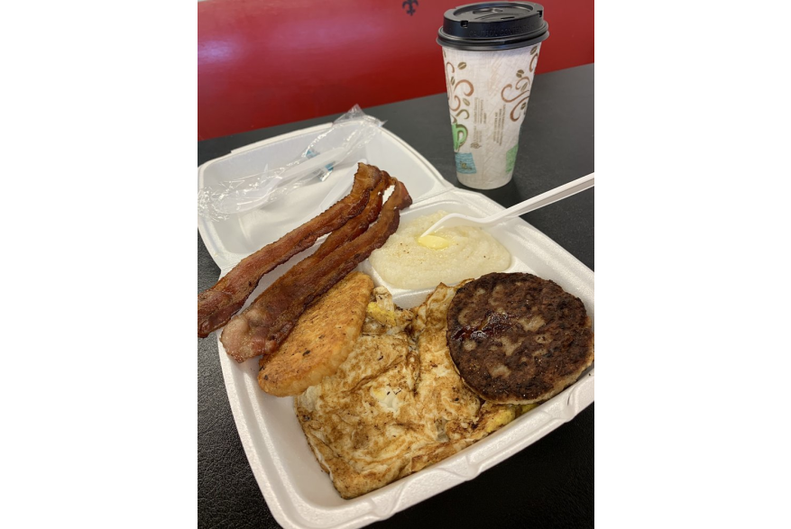 Eggs, Grits, Bacon, sausage and a hash brown.jpg