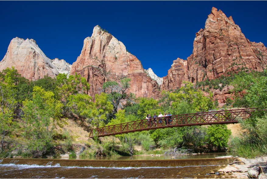 Court of the Patriarchs against a bright blue sky in Zion National Park.