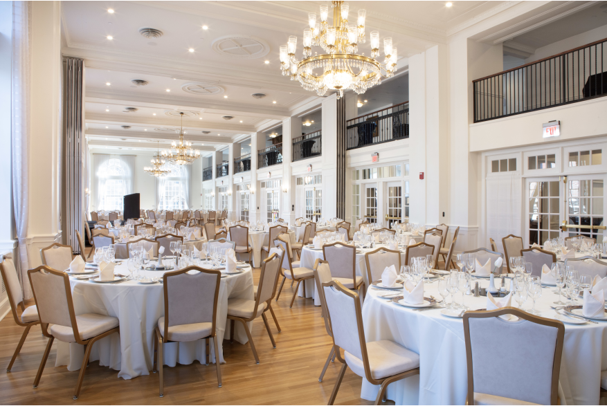 Ballroom with set tables at the Yorktowne Hotel