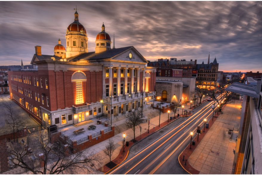 an aerial view of the York County Courthouse in Downtown York