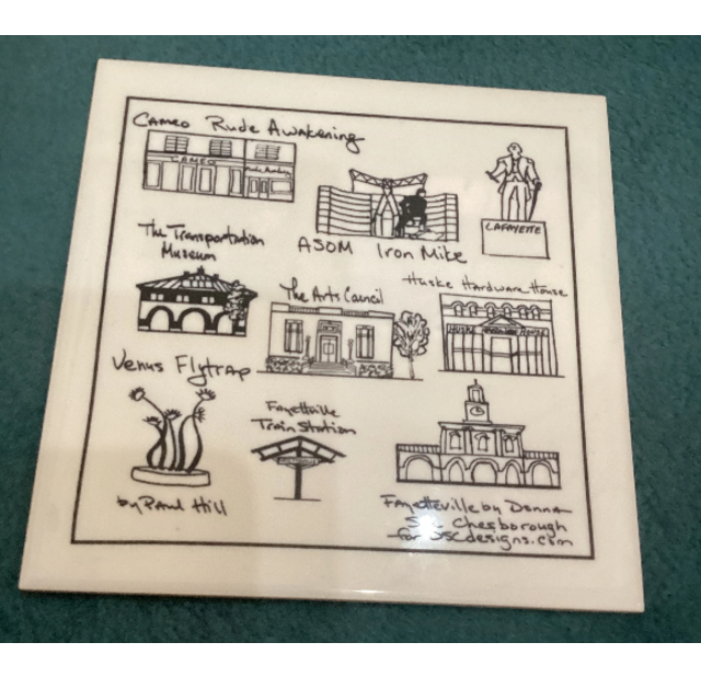 Illustrated Artscape tile featuring hand-drawn sketches of Fayetteville landmarks, including museums, local buildings, and icons labeled.