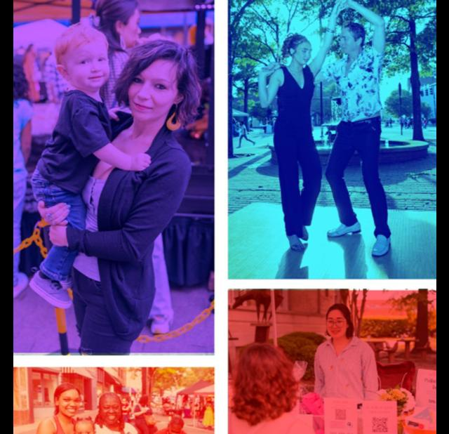 Colorful collage of Fayetteville, NC events showing a mother with her child, people dancing, live entertainment, and vendor interactions at downtown festivals.