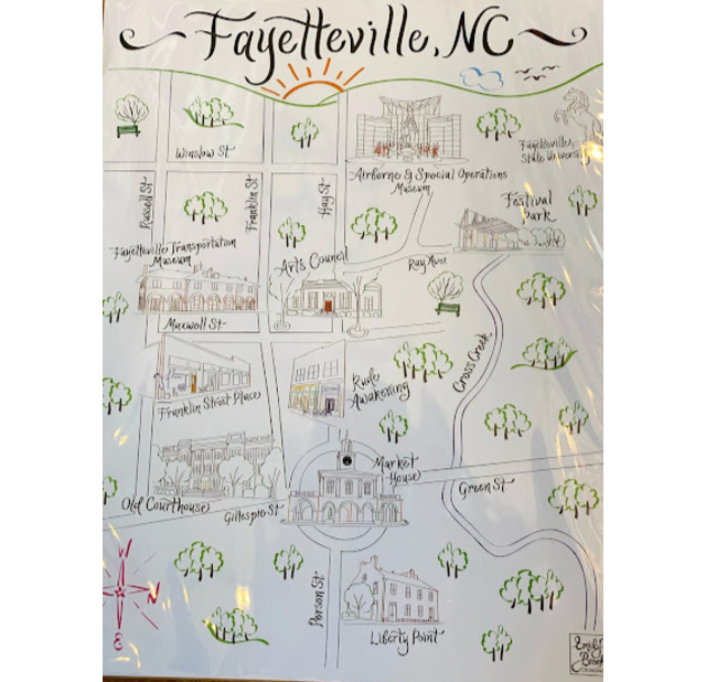 Hand-drawn Fayetteville, NC map art print created by Rude Awakening, featuring local landmarks, streets, and illustrated details.