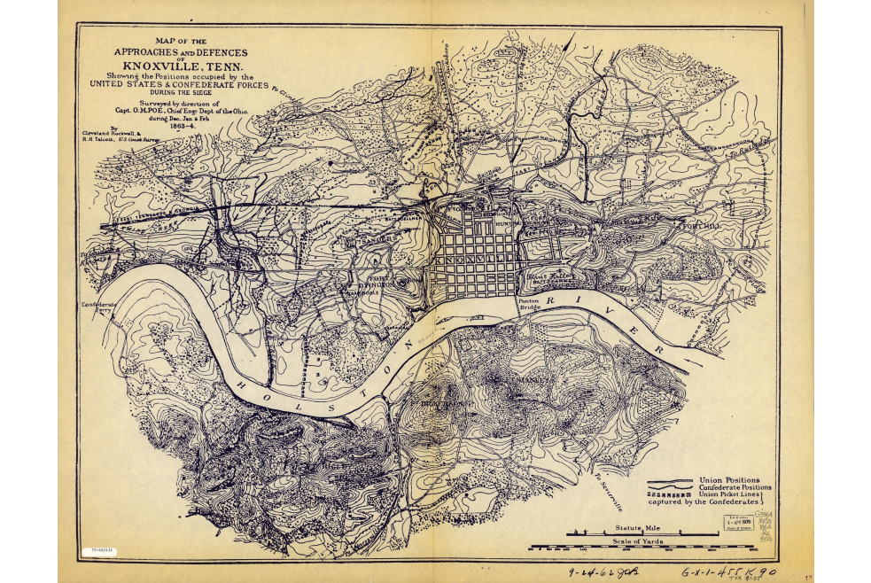 Map of the approaches and defences of Knoxville, Tenn., showing the positions occupied by the United States & Confederate forces during the siege.