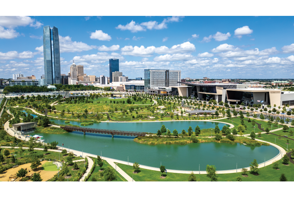 Skyline image of Scissortail Park and Downtown OKC skyline