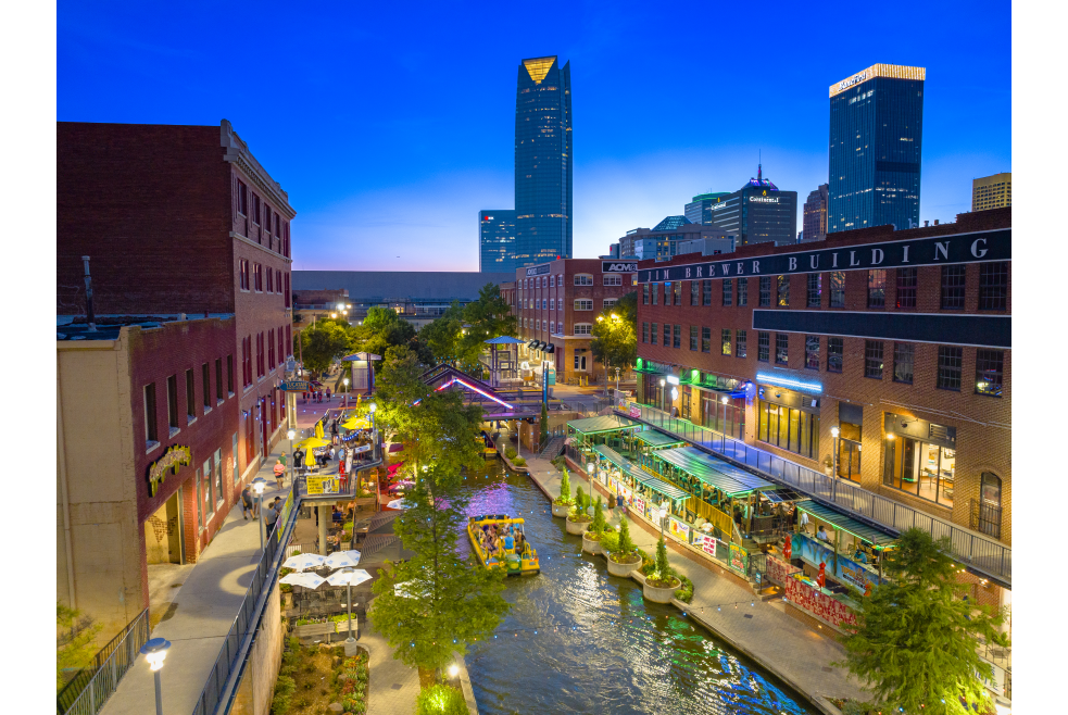 Skyline view of the Bricktown Canal and Water Taxi