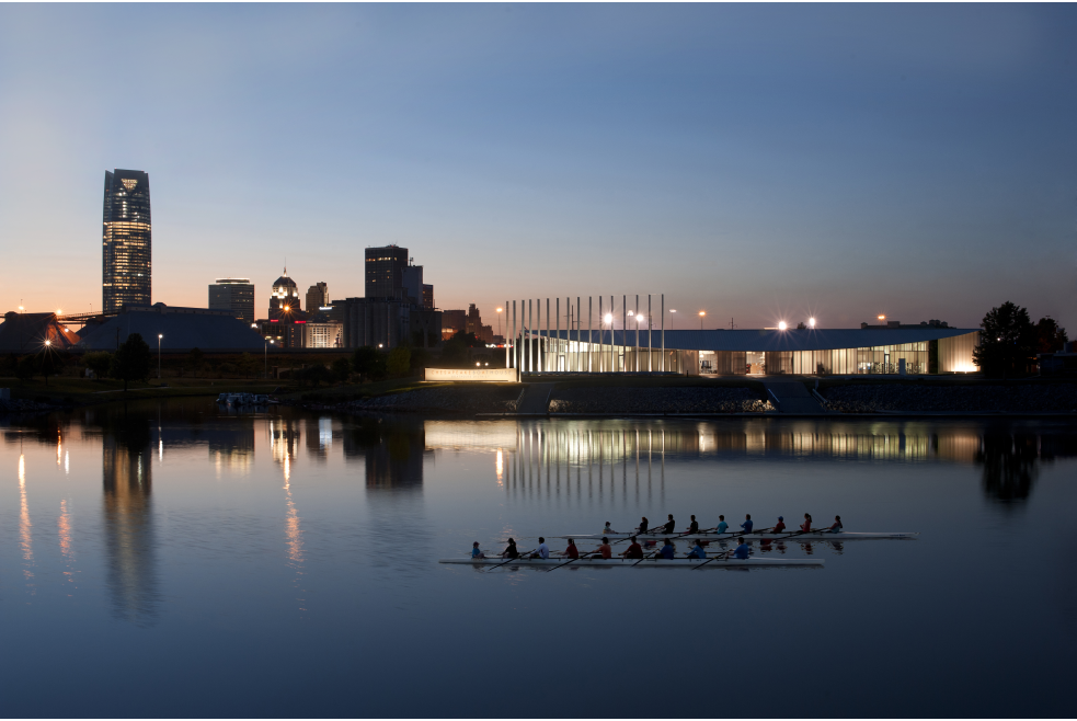 Rowers on the Oklahoma River at sunset