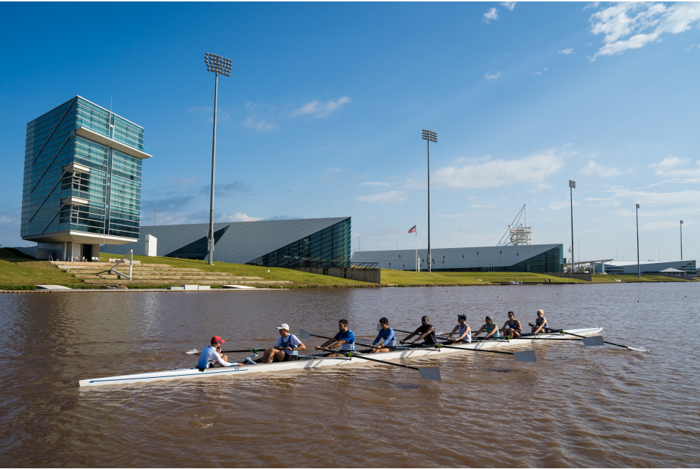 Group rowing on the Oklahoma River in OKC's Boathouse District