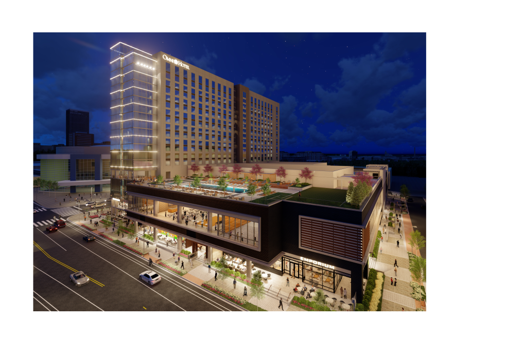 Rendering of Omni Hotel exterior with pool deck at night