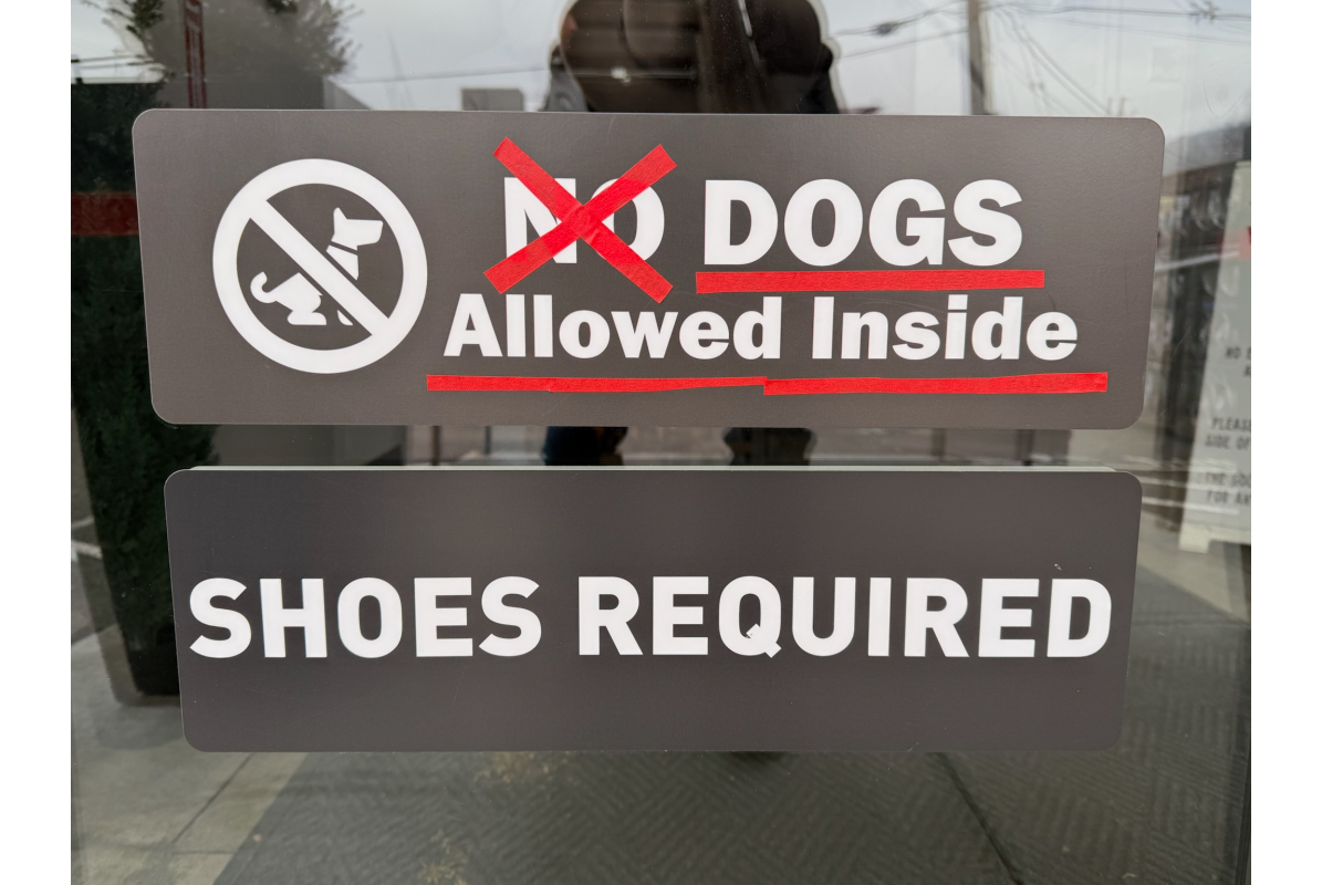 A business sign at Goldens in Golden CO 2025 with the NO crossed so it says DOGS Allowed Inside and Shoes Required for the event