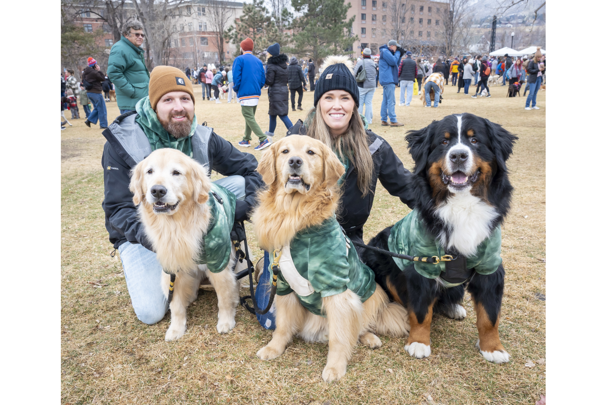 Two golden retrievers and a great bernese in matching shirts with their owners at Parfet Park in Golden CO during Goldens in Golden 2025