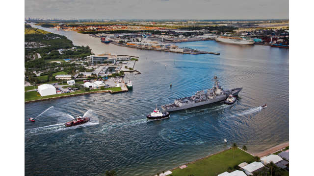 The U.S.S. Paul Ignatius makes her way through the entrance channel at Port Everglades.