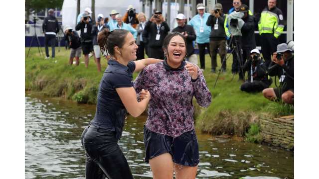 Lilia Vu after winning The Chevron Championship and jumping into the water at The Chevron Championship