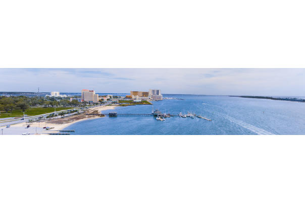 Biloxi Beach Aerial of the BIloxi Channel showing Harrah's Gulf Coast, Margaritaville, Golden Nugget, and the Palace Casino