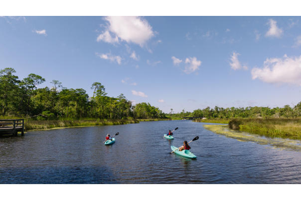 Three kayakers in river at Pascagoula River Audubon Center