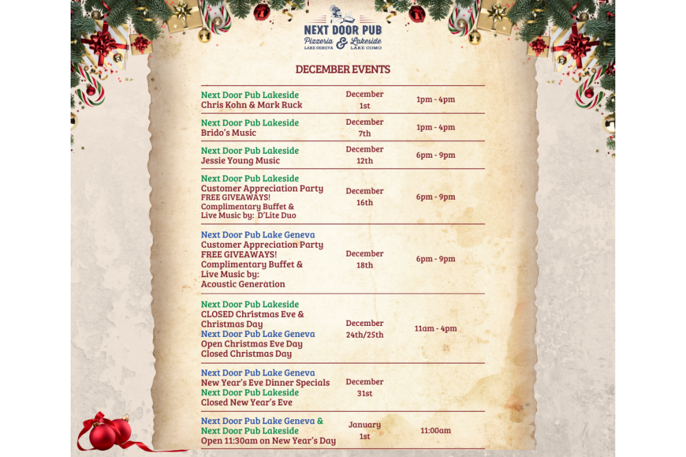 December Calendar of Events