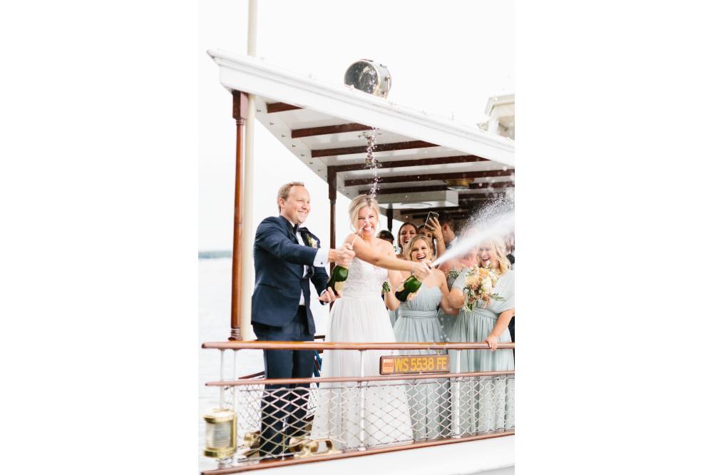 Bridal Party Champagne Toast Aboard the Steam Yacht Louise on Lake Geneva!