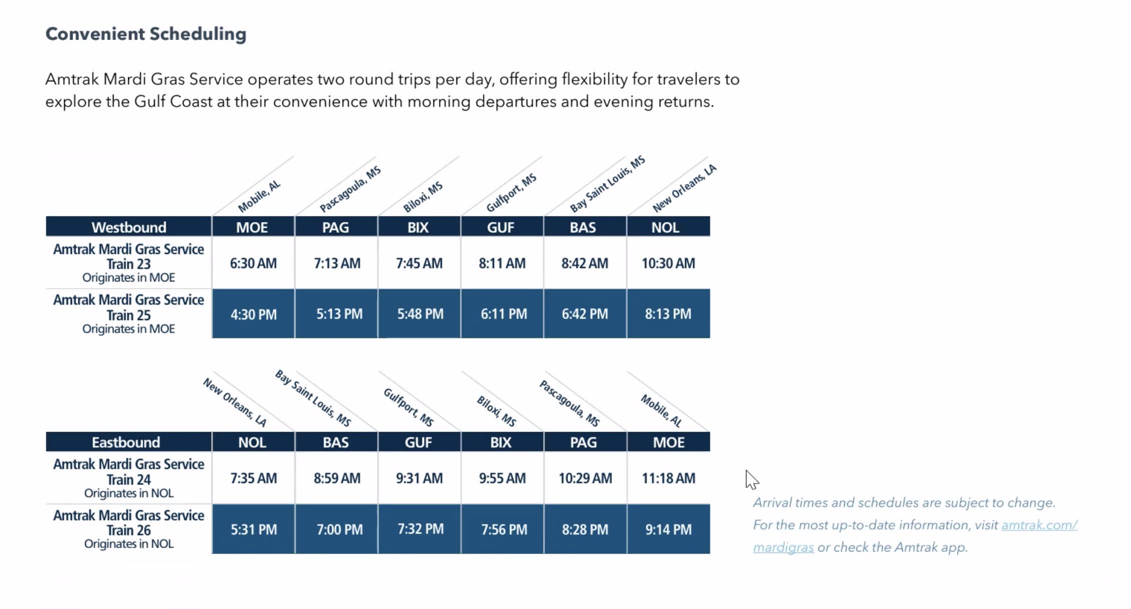 a graphic listing times of Amtrak's Mardi Gras Service