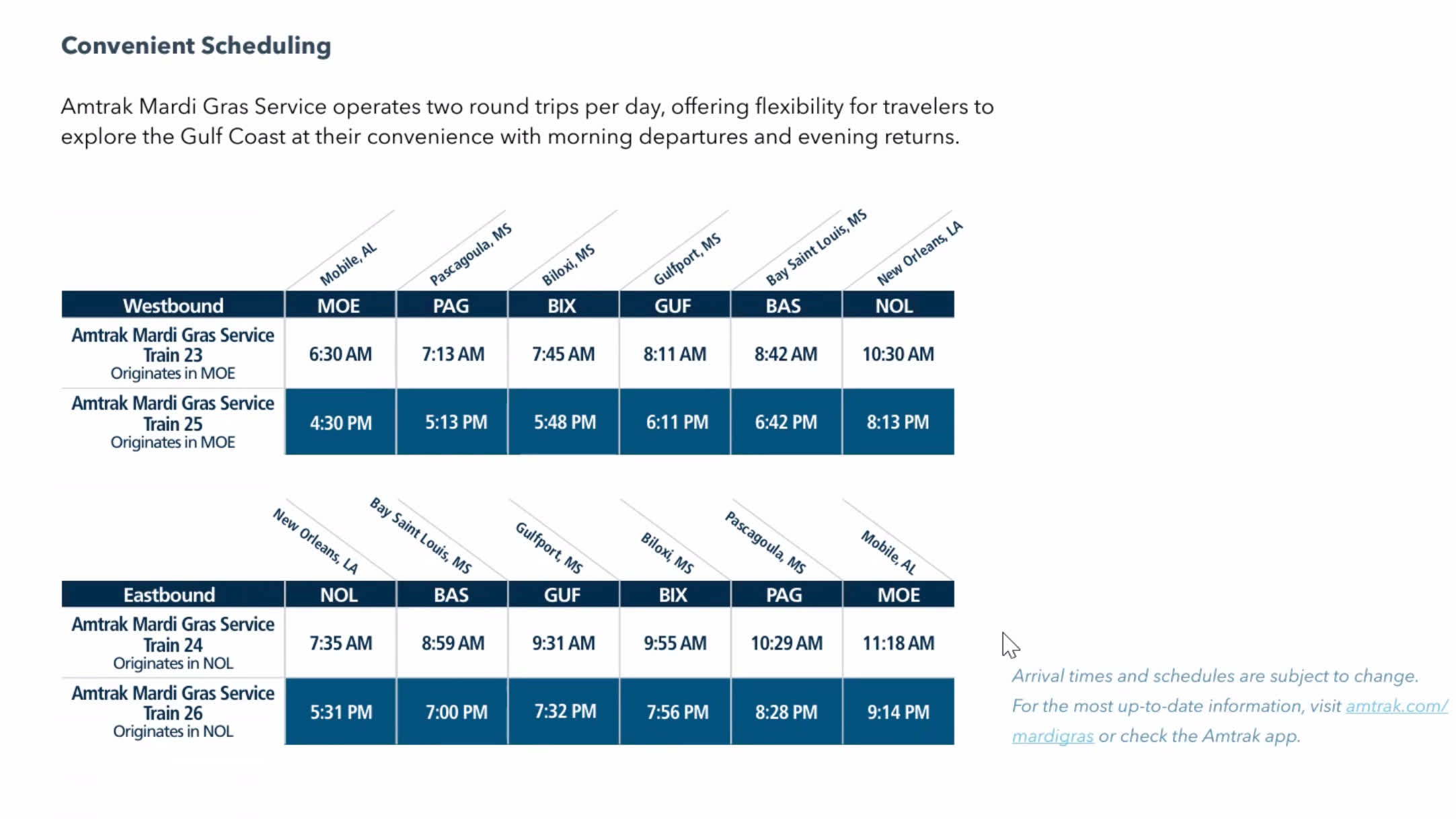 a graphic listing times of Amtrak's Mardi Gras Service