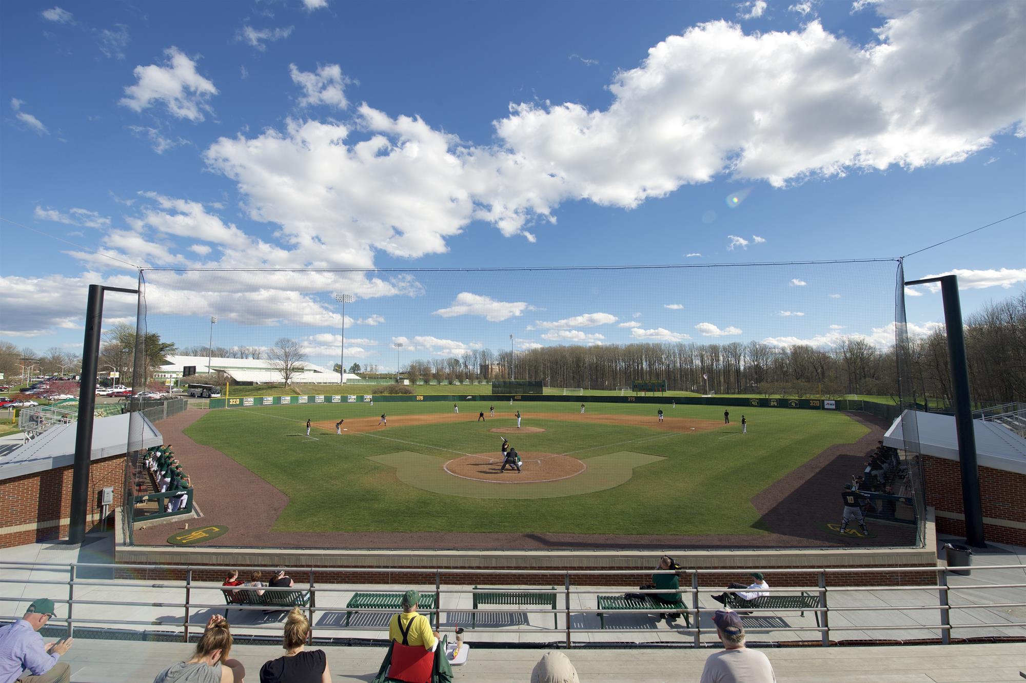 Men's Champion Green George Mason Patriots Stack Baseball T-Shirt, image size:2000x1331