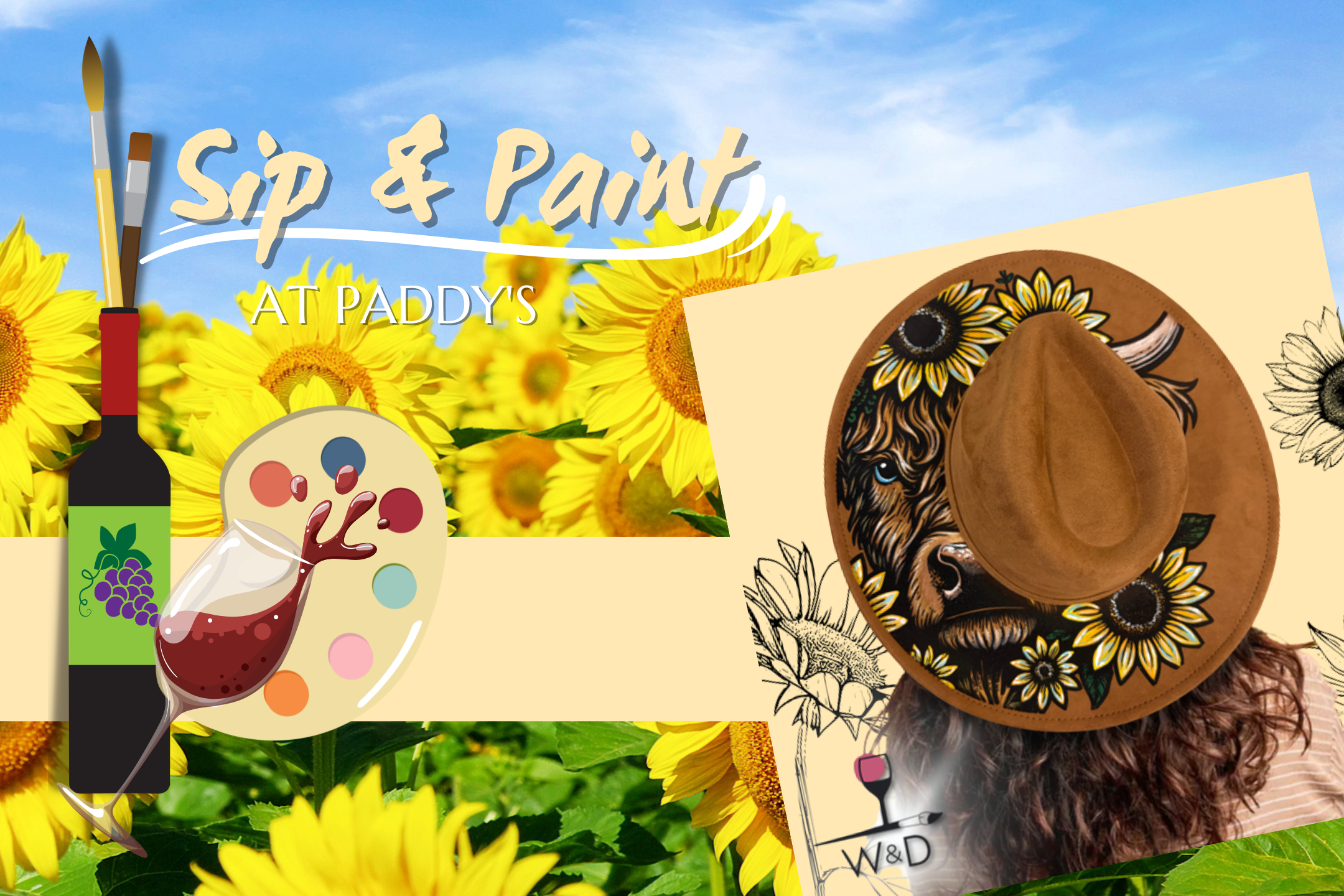 Sip & Paint at Paddy's with Wine & Design ~ 'Sunny Highland Engraved Brim Hat'!