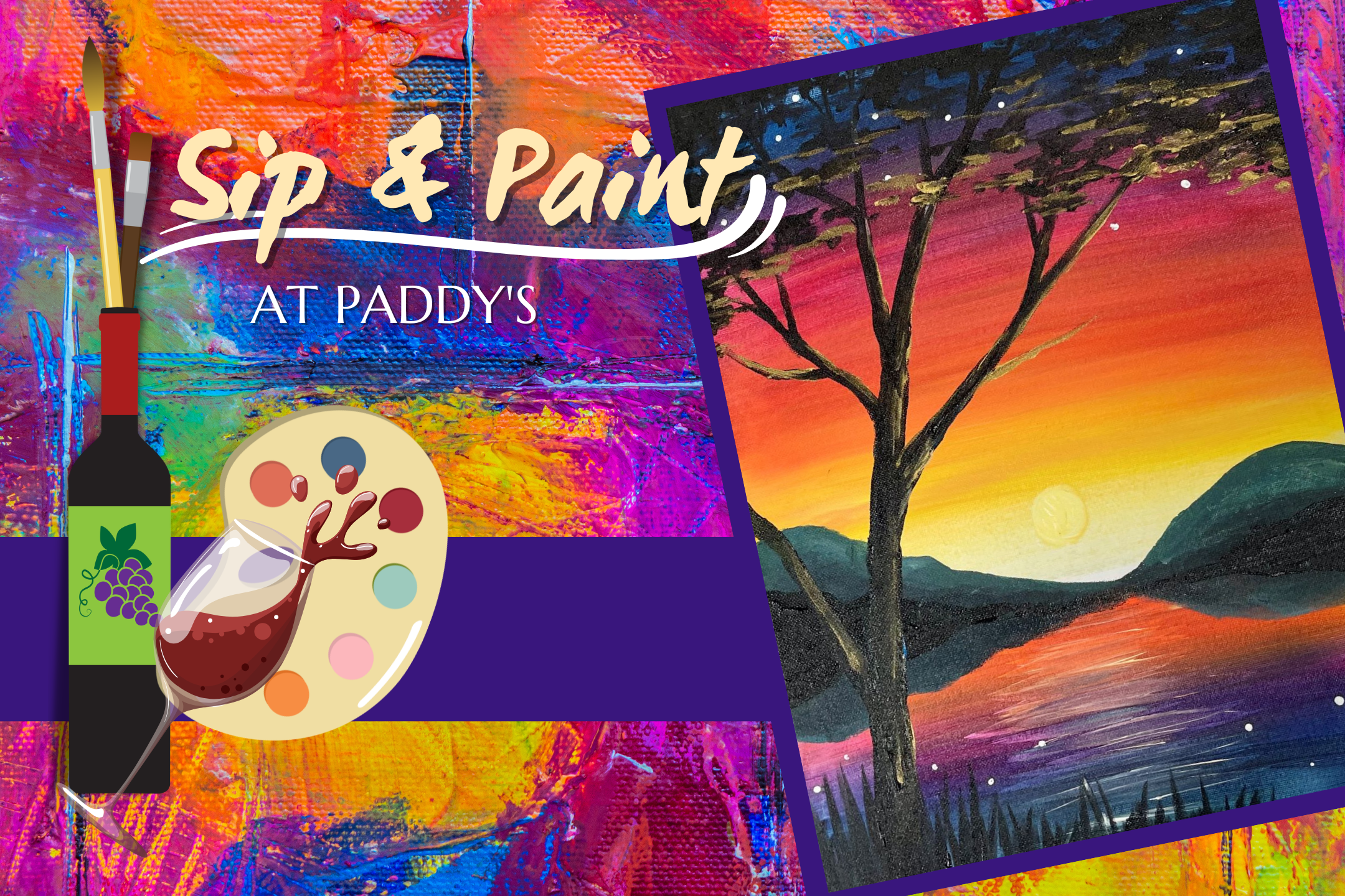 Sip & Paint at Paddy's with Wine & Design ~ 'Golden Sunset Tree'