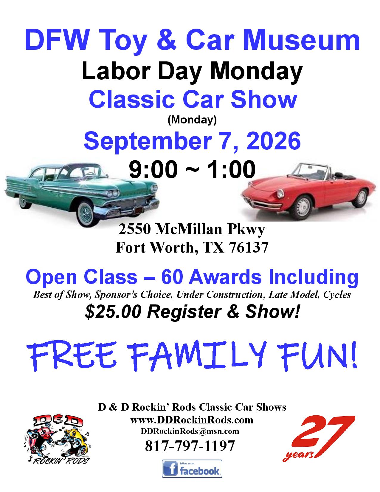 DFW Toy & Car Museum Labor Day Monday Classic Car Show