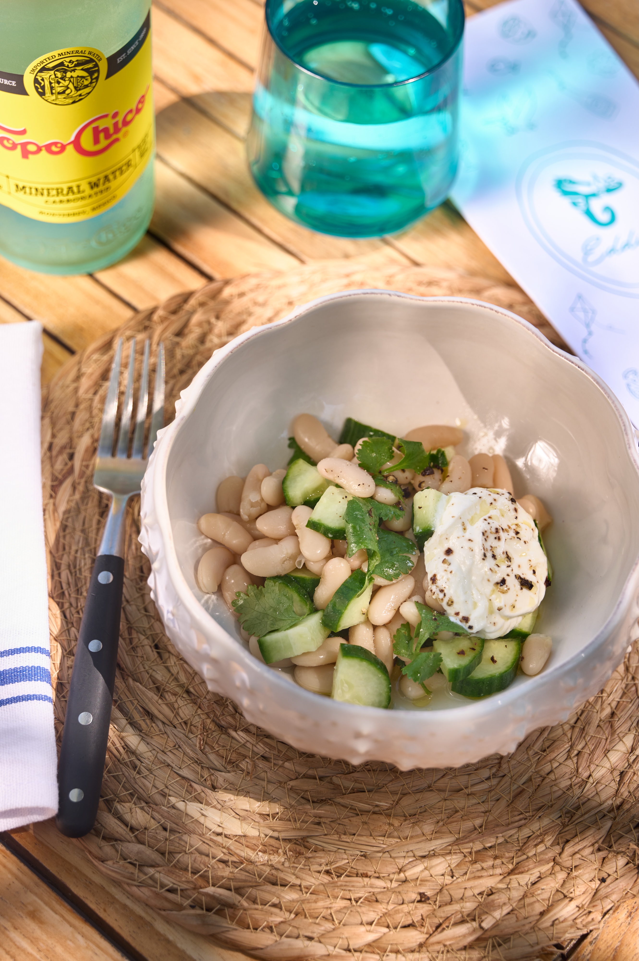 Bean and cucumber salad - Fresh bean and cucumber salad at Eddieu2019s waterfront restaurant in Greenport on the North Fork of Long Island at Silver Sands Motel, featuring seasonal coastal dining with harbor views.
